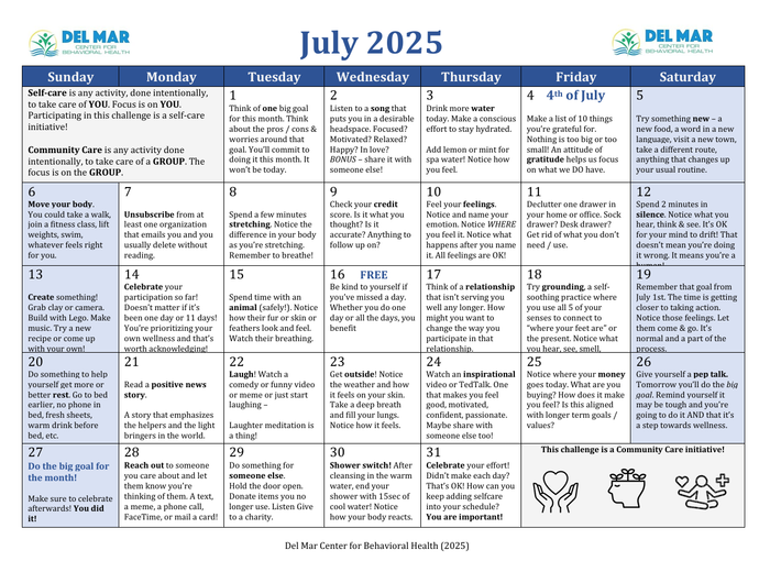 *FREE* 2025 July Self Care Calendar